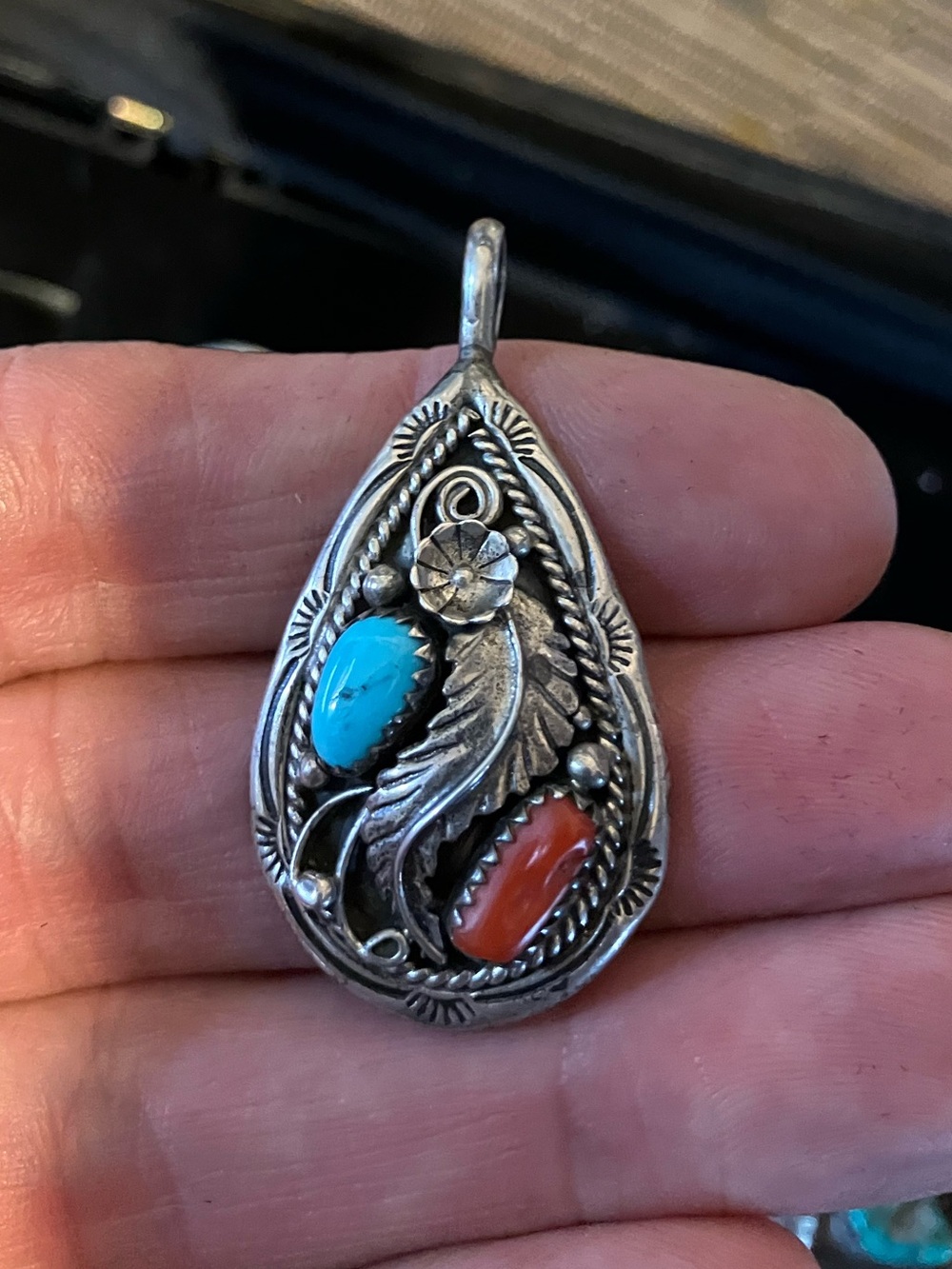 Vintage Navajo Sterling Teardrop Pendant with Turquoise and Coral Accents